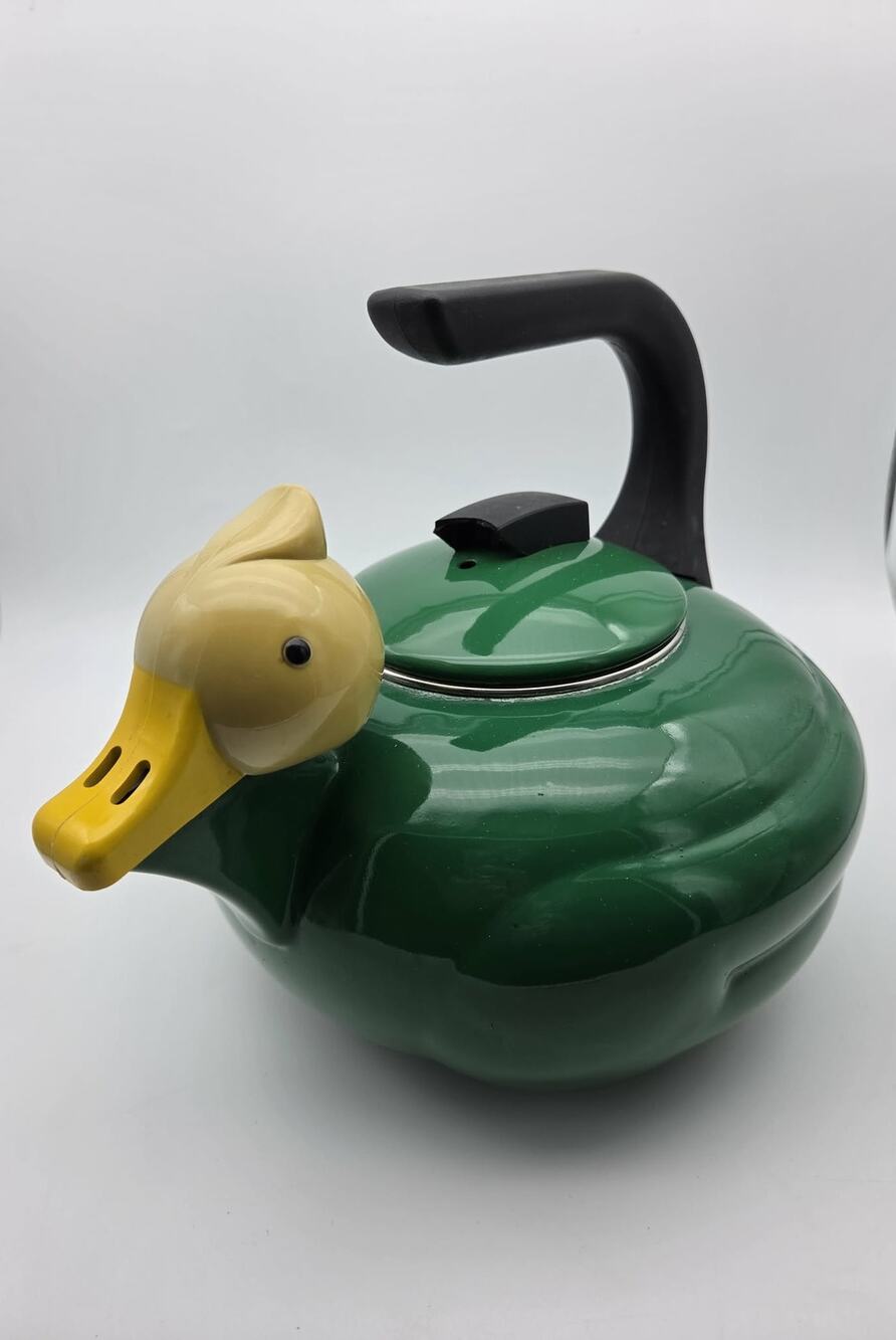 Vintage Kamenstein Green Enamelware Quackers Duck Whistling Tea Kettle Pot